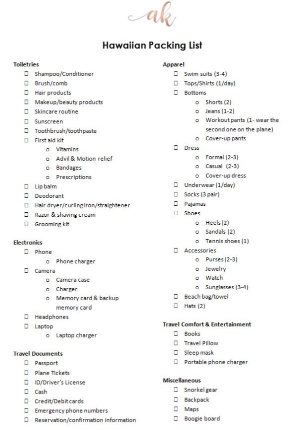 packing list